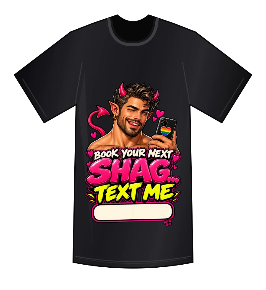 Book Your Next Shag — Black tee mockup