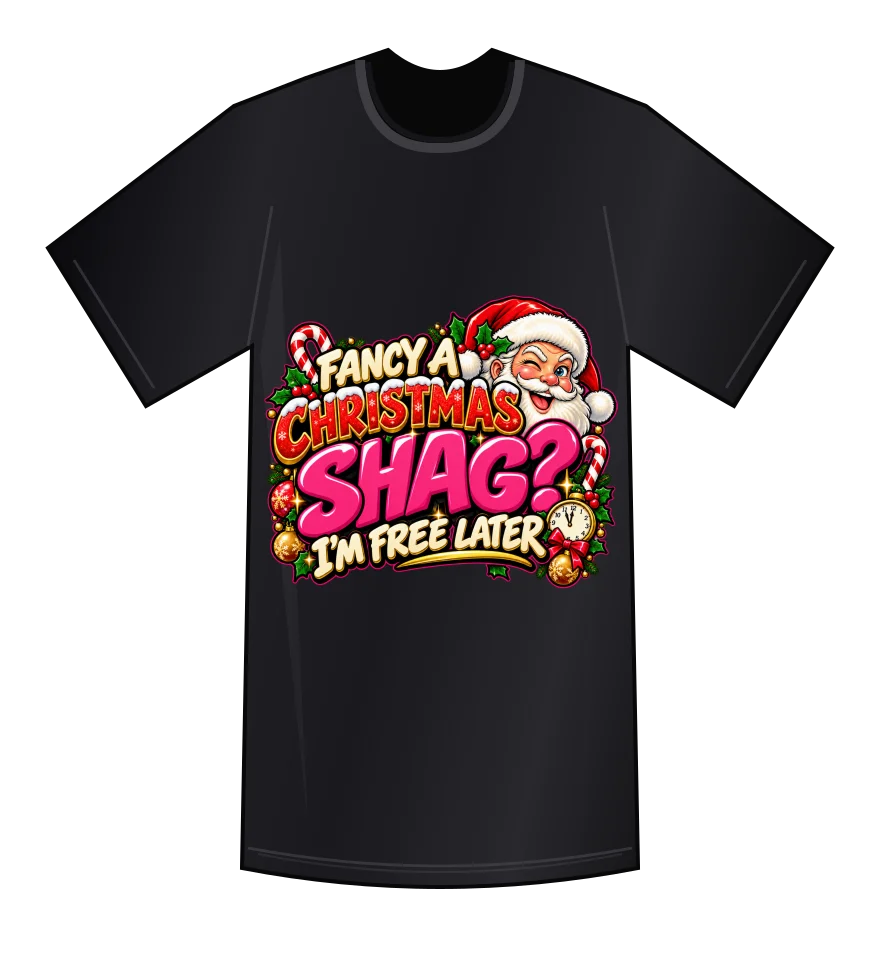 Fancy a Christmas Shag? — Black tee mockup