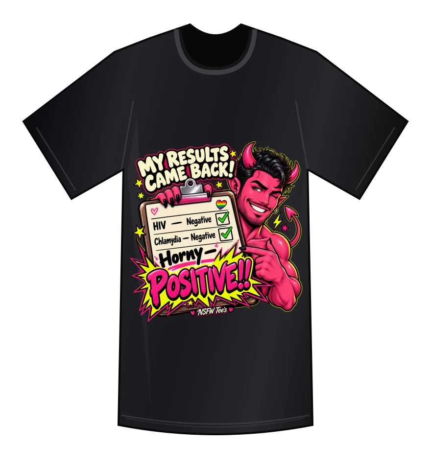 Horny — Positive!! — Black tee mockup